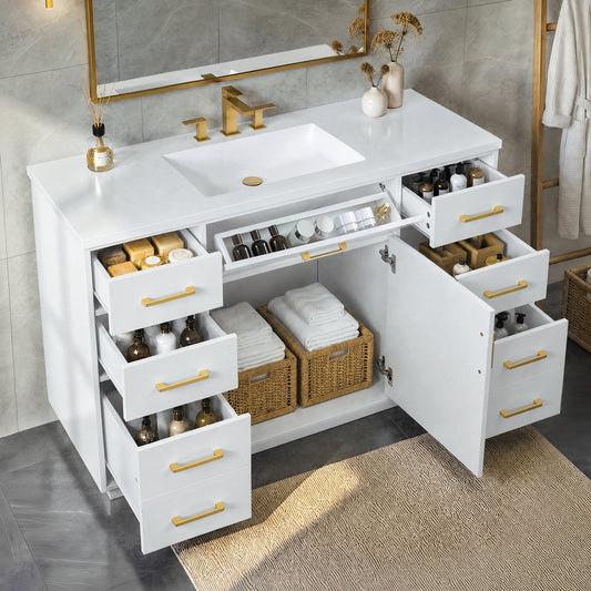 48'' Bathroom Vanity with Sink Top, Freestanding MDF Vanity Cabinet with 7 Drawers and 1 Door, White Vanity Set with Composite Basin, Soft Close Hinges and Gold Metal Handles