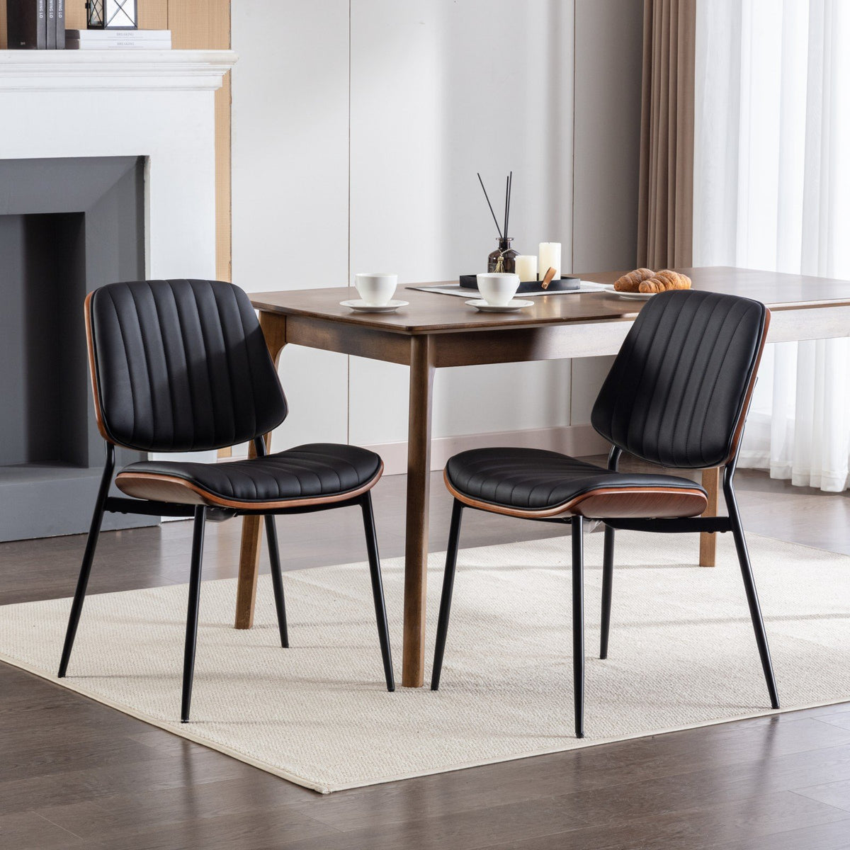 A&A Furniture, Dining Chairs Set of 2 Mid Century Modern Retro Faux Leather Chair with Walnut Bentwood Back Upholstered Seat Metal Legs – Black
