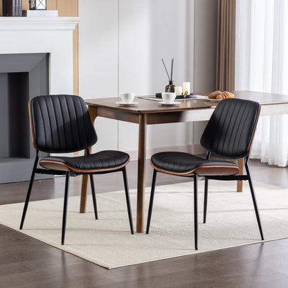 A&A Furniture, Dining Chairs Set of 2 Mid Century Modern Retro Faux Leather Chair with Walnut Bentwood Back Upholstered Seat Metal Legs – Black
