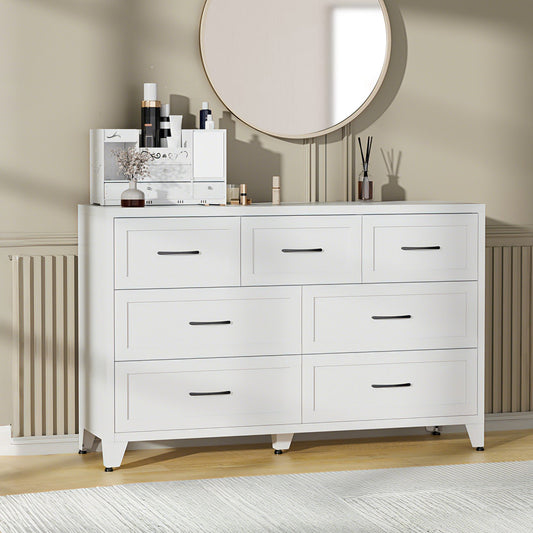 7-Drawer Dresser, Wide Low-Profile Storage Cabinet, White Metal Chest of Drawers