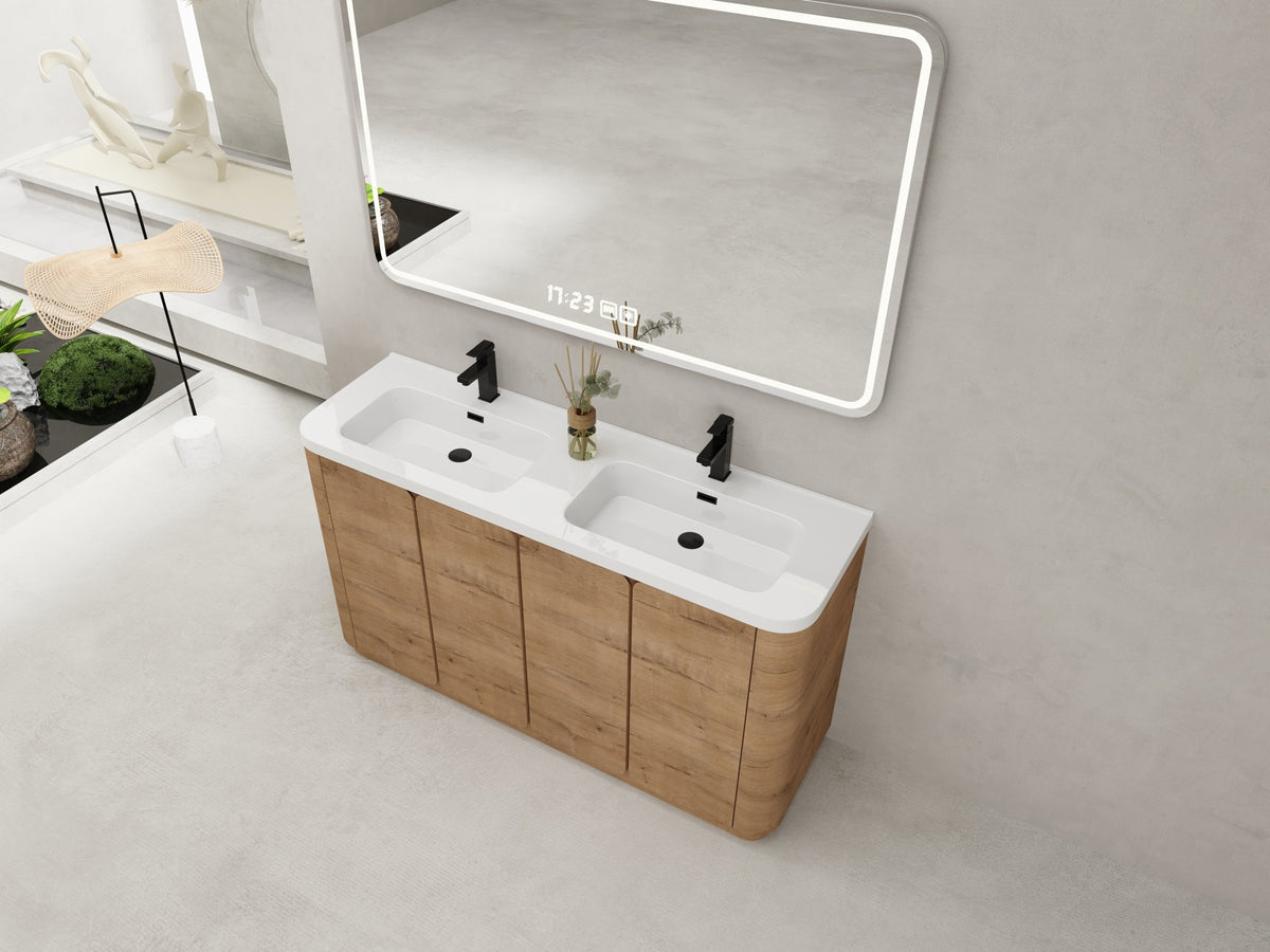 60'' Freestanding Bathroom Vanity with White Resin Sink, 4-Soft-Close Door, KD-Packing, Plywood, Imitative Oak