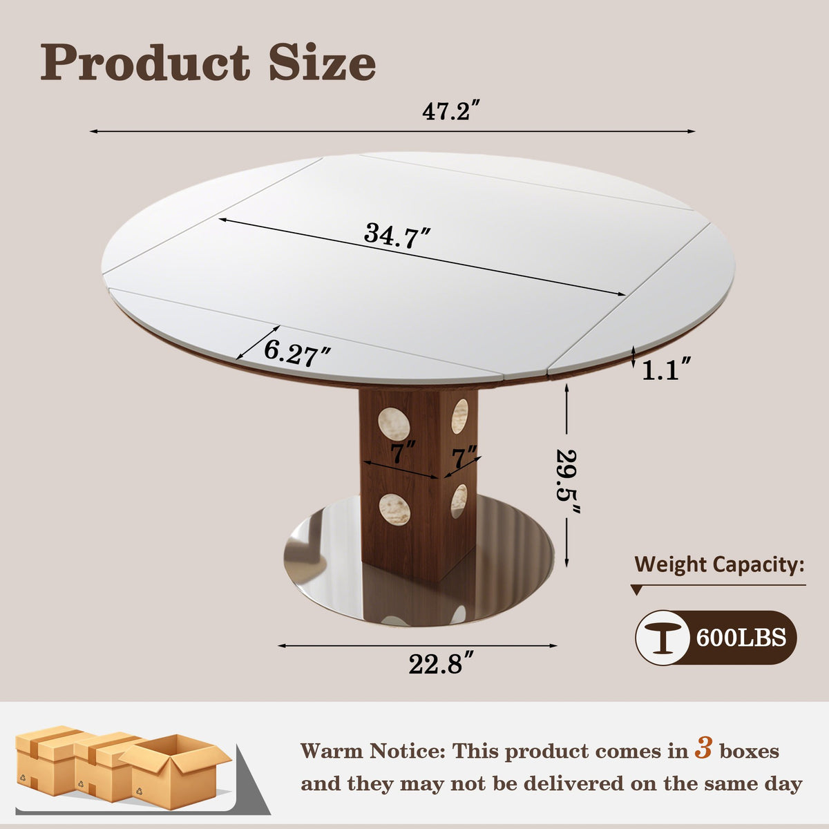 47.2' Extendable Multifunctional Round Dining Table for 4-6, Folding Kitchen Table with Drop Leaf, White Sintered Stone Top & Walnut Wood Column, Space-Saving for Small Apartments, Easy Assembly