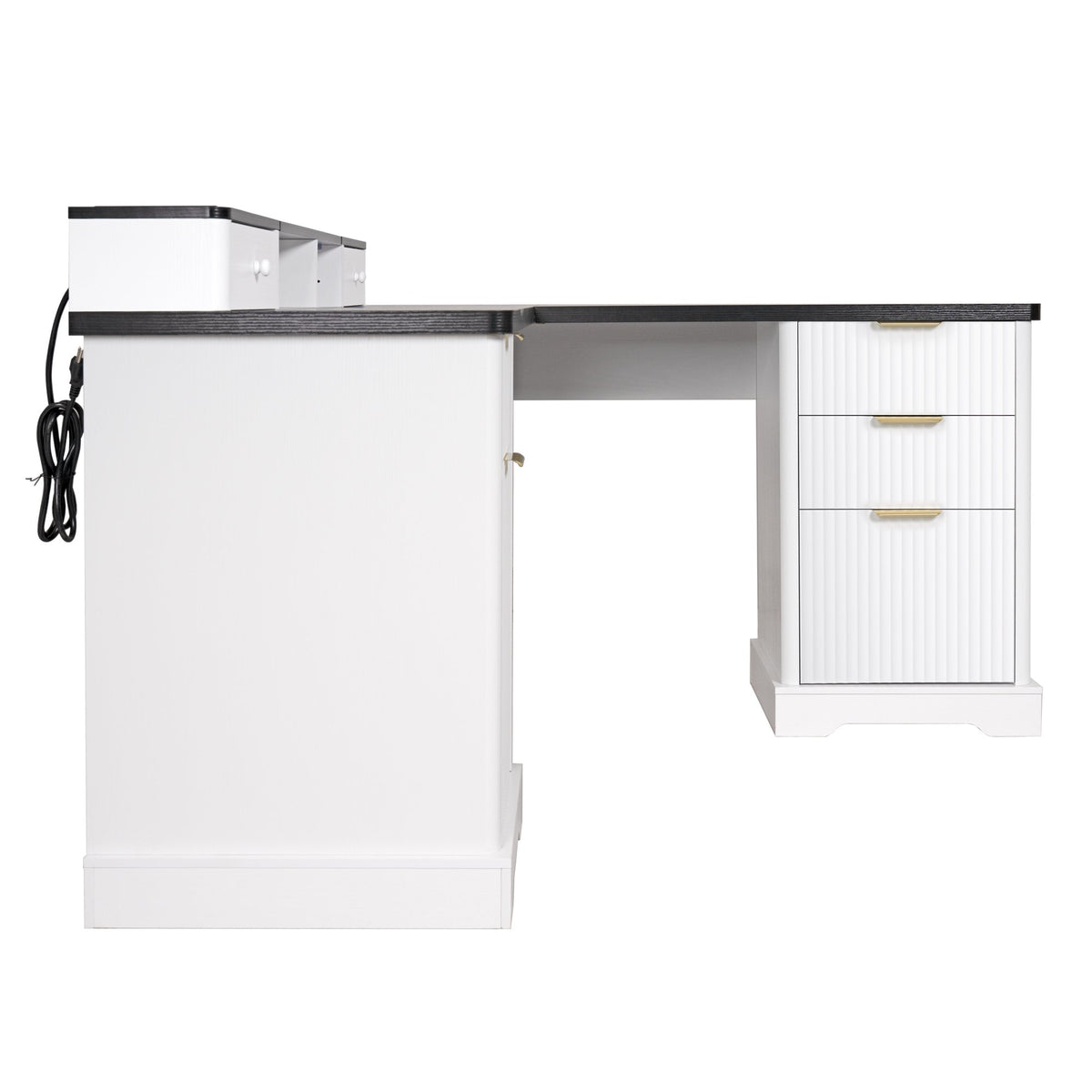 59" Modern Fluted L-Shaped Desk with Charging Station & Storage Cabinet - Home Office Computer Desk with Monitor Stand