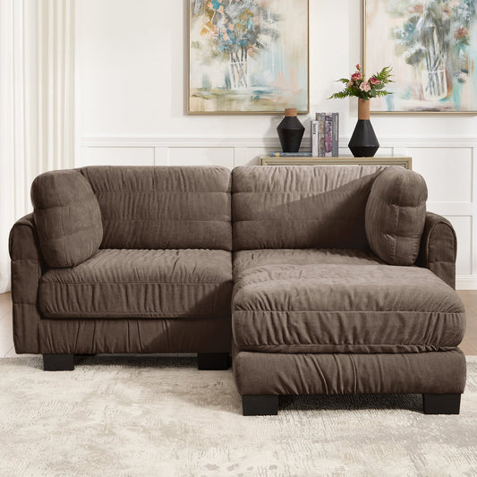 2 Seat Ruched Detailing Chenille Modular Sectional Sofa,Movable Ottoman,High-Density Foam,L Shape Thickened  Back Cushions,Easy Assembly,For Living Room,Bedroom,Brown