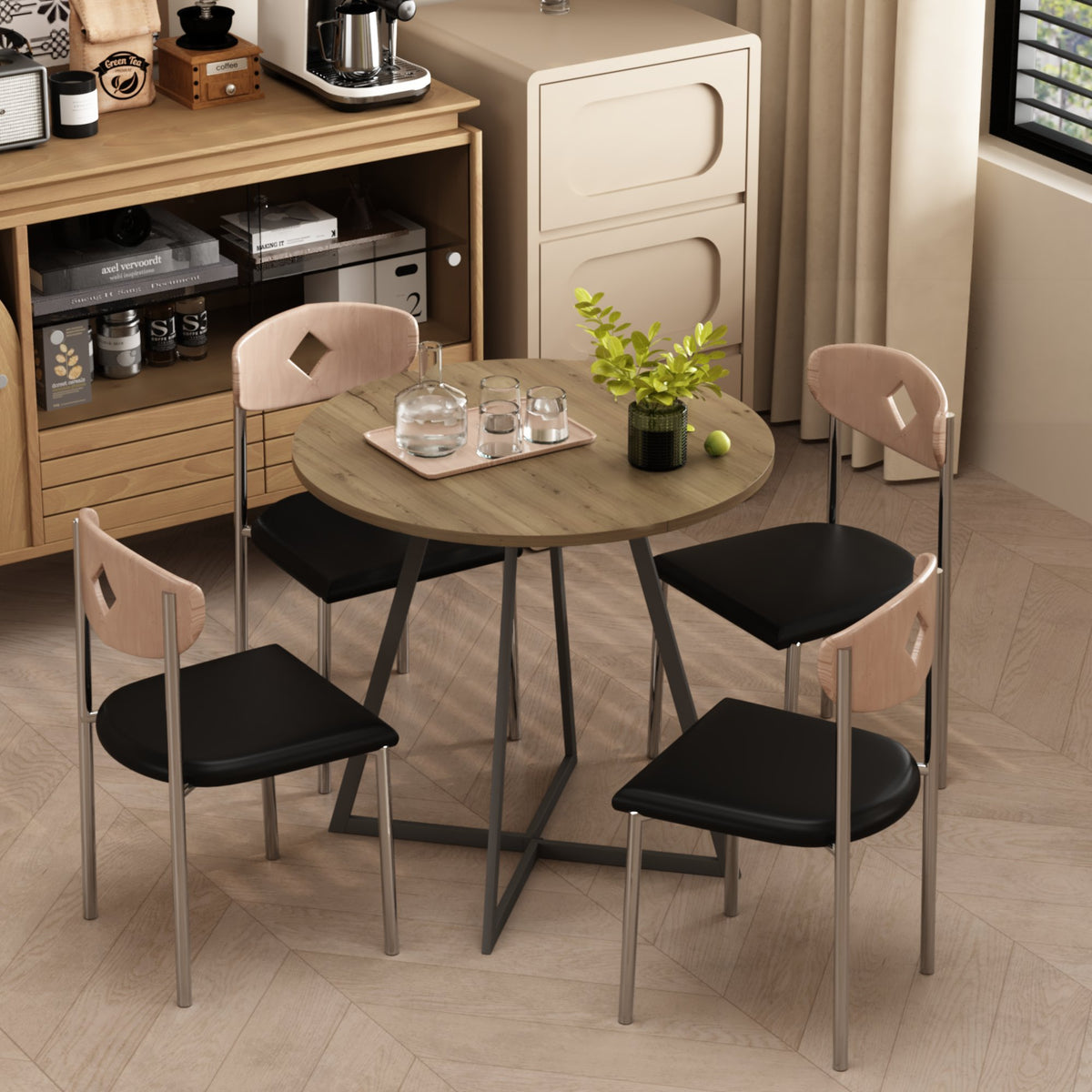 31.5 Inch Round Dining Table, Small Circle Kitchen Table with Metal Black Legs for 2-4 people, Modern Dining Room Table, Brown (only table) – Natural