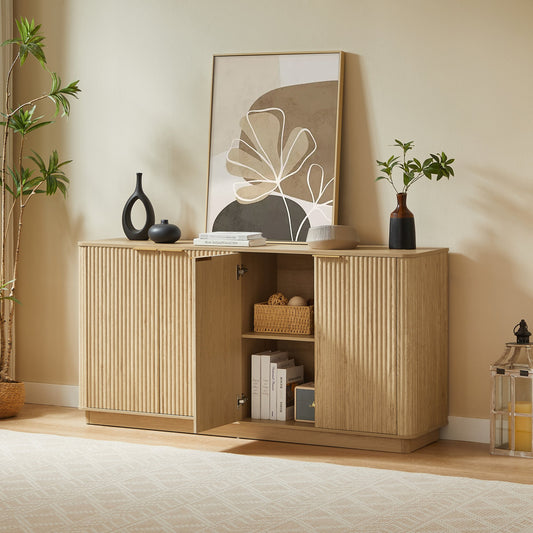 63" Vertical Stripe Buffet Cabinet Sideboard with stoarge, Curved wave Design, TV Stand, Oak, 63''W x 15.75''D x 31.5''H.