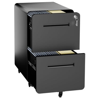 2 Drawer Metal Mobile File Cabinet with Lock, All-Steel Metal Storage Cabinet on 360° Wheels, Fully Assembled, Holds A4/Letter/Legal Files, Black Steel Office Storage Cabinet for Home Office