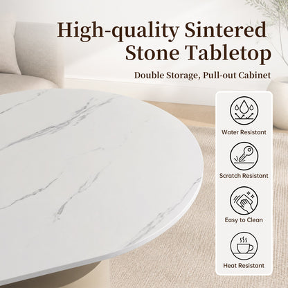 39.4" Sintered Stone End table with Drawer, Stainless Steel Base & 4 Lockable Casters, Modern Mobile Oval Coffee Table for Living Room, Easy Assembly (Gray)