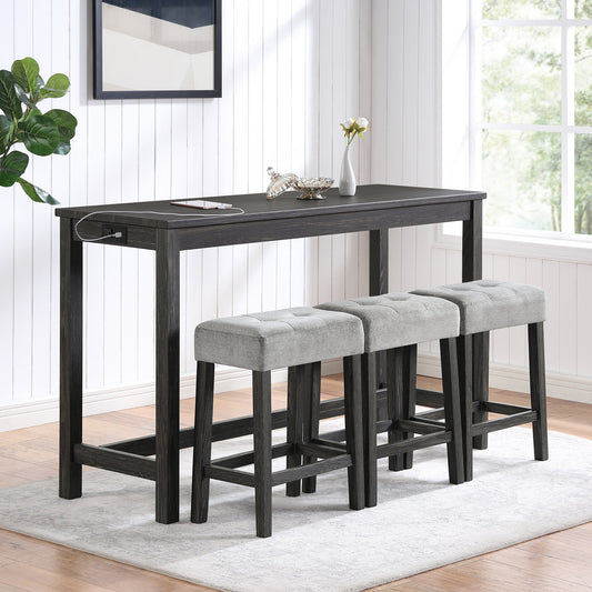 Bar Table Set with Power Outlet, Bar Table and Chairs Set, 4 Piece Dining Table Set, Industrial Breakfast Table Set, Game Room