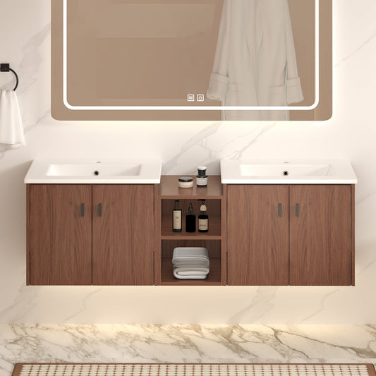 60in reddish brown Soft Close Doors Bathroom Vanity , A Small Storage Shelves, 24" and 12" Combination Cabinet,(KD-Packing)