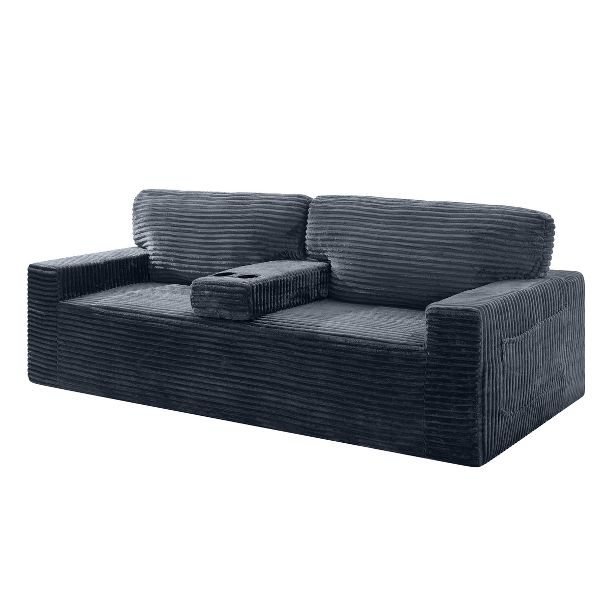 91.7" No-Leg Compression Sofa, Plush Corduroy  with Built-in Cup Holders and Side Storage Pocket for Living Room