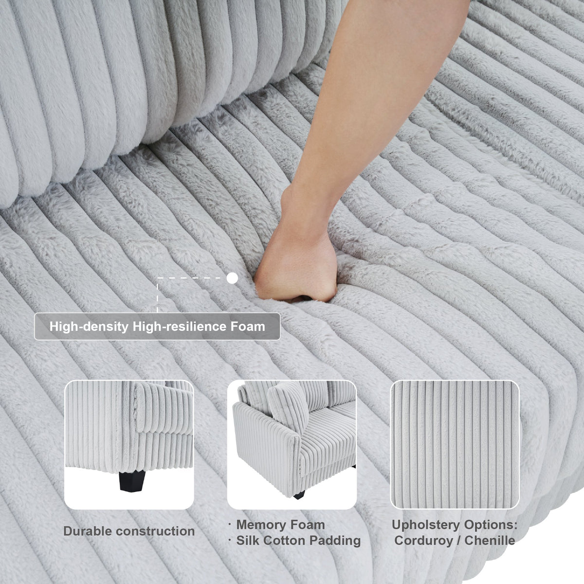 100-inch corduroy fabric sofa with L-shaped modular 3-seat convertible sofa, built-in dual charging ports at the arms