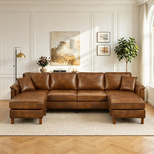 120" Sectional Sofa with Two Removable Storage Ottomans,Upholstered Breathable PU Leather Sectional Couch,Faux Leather Sofa,Vintage Brown