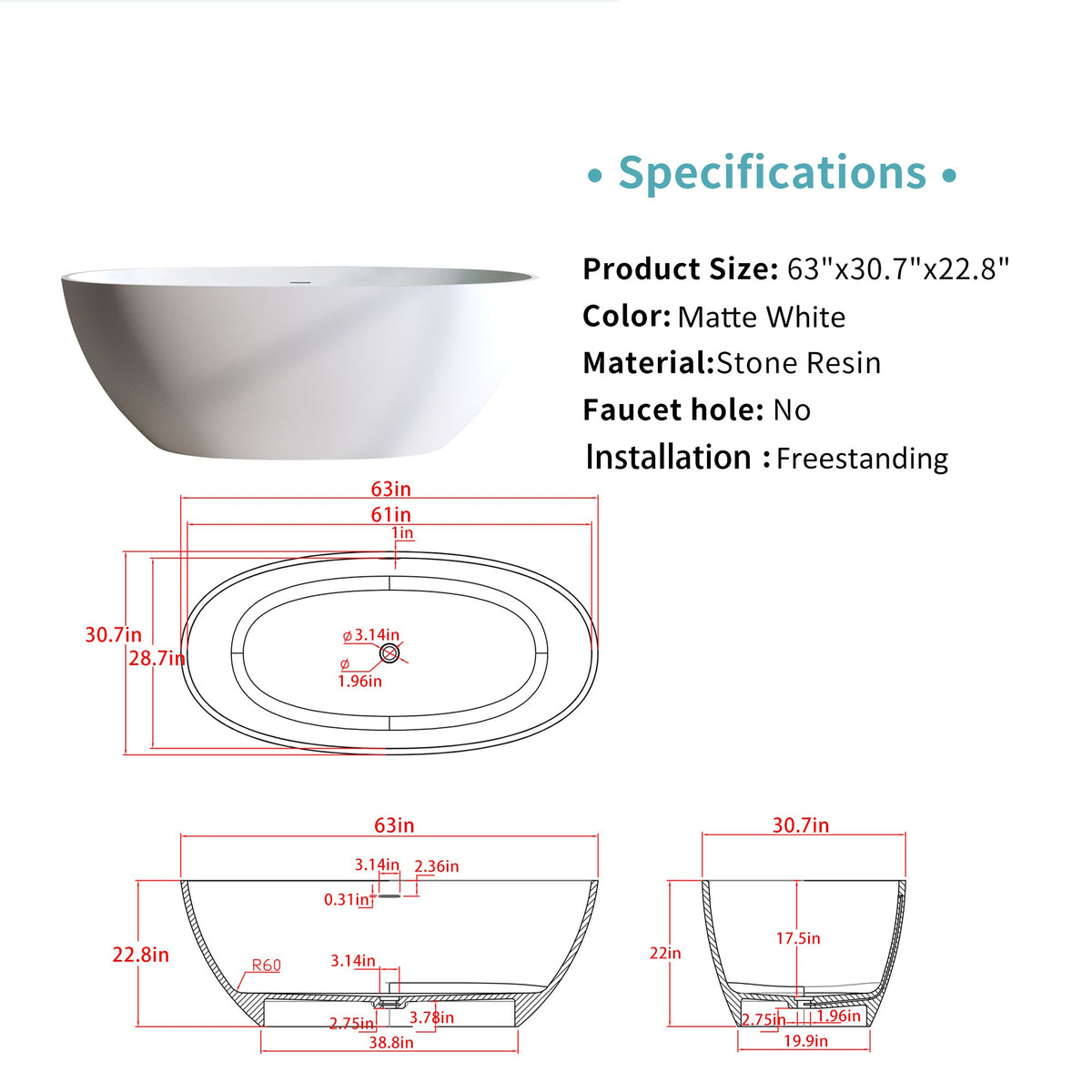 63″Solid Surface Matte Tub, Solid Surface Soaking Tub, Stone Resin Freestanding Bathtub, Thick Edge Stand Alone Tubs with Overflow