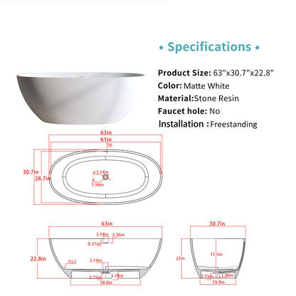 63″Solid Surface Matte Tub, Solid Surface Soaking Tub, Stone Resin Freestanding Bathtub, Thick Edge Stand Alone Tubs with Overflow