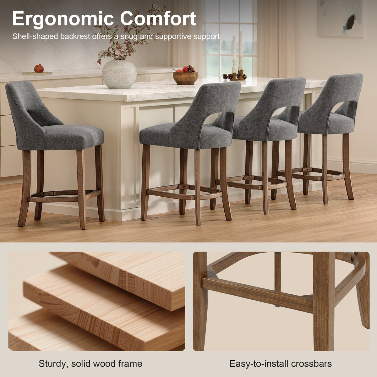 Bar Stools Set of 2, Upholstered Counter Height Bar Stools, Modern Counter Stools with Wood Legs for Kitchen Island Dining Room Bar, Dark Grey
