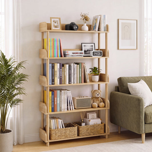 5-Tier Wood Bookshelf, Freestanding Bookshelf with Open Storage Shelves & Solid Wood Legs, Modern Display Bookshelf for Home Office, Living Room, Bedroom (wood)
