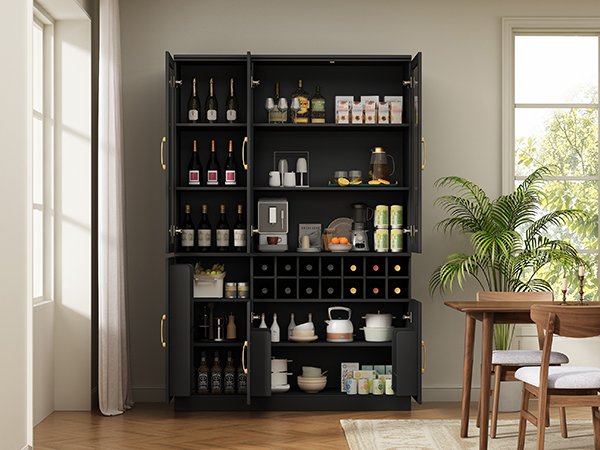 70.87'' Tall Wine Bar Cabinet with Glass Doors, Modern Liquor Cabinet with Removable 14-Bottle Wine Rack & Built-in Door Shelves, High-Capacity Home Bar Cabinet, Black70.87