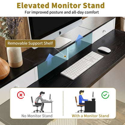 59" Modern Fluted L-Shaped Desk with Charging Station & Storage Cabinet - Home Office Computer Desk with Monitor Stand