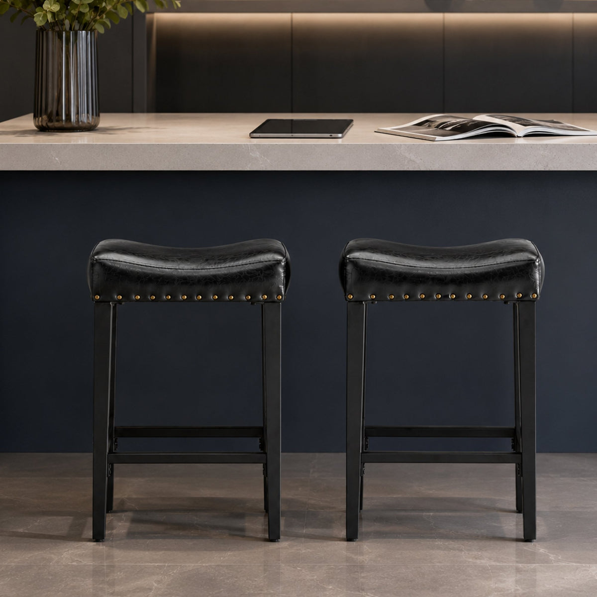 2-piece bar stool, 25.6 inches high, no back design, with 4-inch thick padded seat, equipped with brass nailhead decoration, leather material, 1.6-inch heavy-duty carbon steel legs, black color