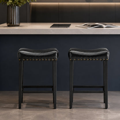 2-piece bar stool, 25.6 inches high, no back design, with 4-inch thick padded seat, equipped with brass nailhead decoration, leather material, 1.6-inch heavy-duty carbon steel legs, black color