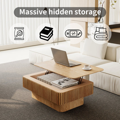 38.6'' Fluted Lift-top Coffee Table Solid Wood Veneered Modern Coffee Table Accent Tea Table with Storage and Adjustable Height
