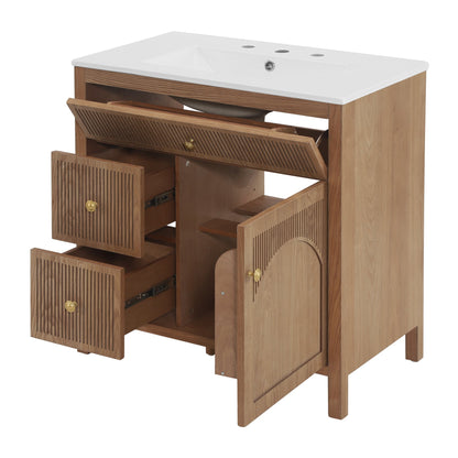 30 Inch Freestanding Farmhouse Bathroom Vanity with Integrated White Ceramic Sink Top, Smooth Finish Natural Acacia Wood Veneer Herringbone Chevron Cabinet, Soft Close Doors & Full Extension Drawer, B