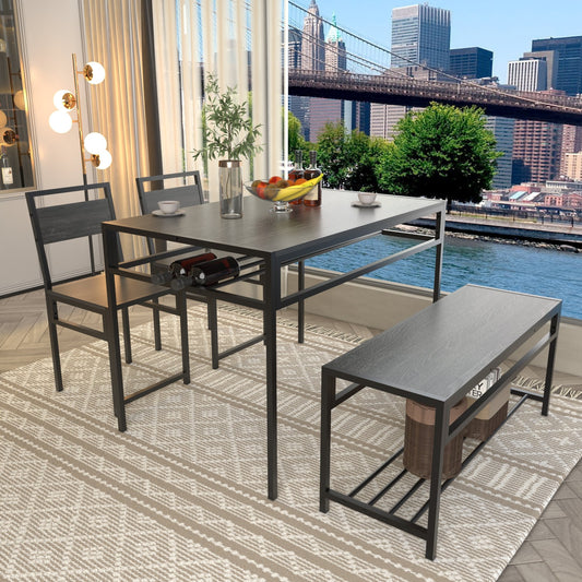 5 Piece Industrial Dining Table Set with 2 Dining Chairs & 1 Storage Bench, Rectangular Wood Grain Kitchen Table with Built-in Wine Rack, Metal Frame Space Saving Dinner Furniture for Small Apartment
