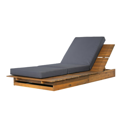 Acacia Wood Chaise Lounge with 4" Thick 3-Fold Dark Gray Movable Cushion – Wide Teak Finish Patio Lounger, 3-Position Recliner, 400 lbs Capacity
