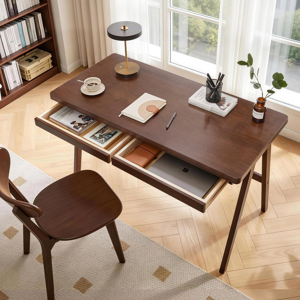 100% Solid Rubber Wood Computer Desk, Retro Walnut Writing Desk with Drawer, Sturdy A-Frame Leg, 39.37"×21.62", 1.38" Extra Thick Home Office Study Table