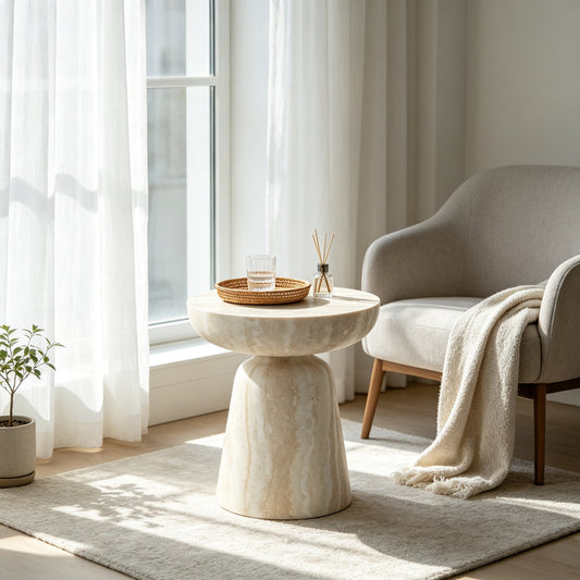 15.75''×15.75''×17.72'' Mushroom Accent Side Table, Simulated Travertine Textured Round Fiberglass End Table for Living Room Bedroom, No Assembly Required