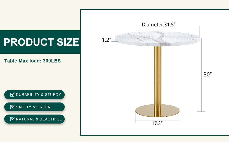 31.5 Inch Elegant White Marble Pattern Round Dining Table - Suction Molding Annular Texture