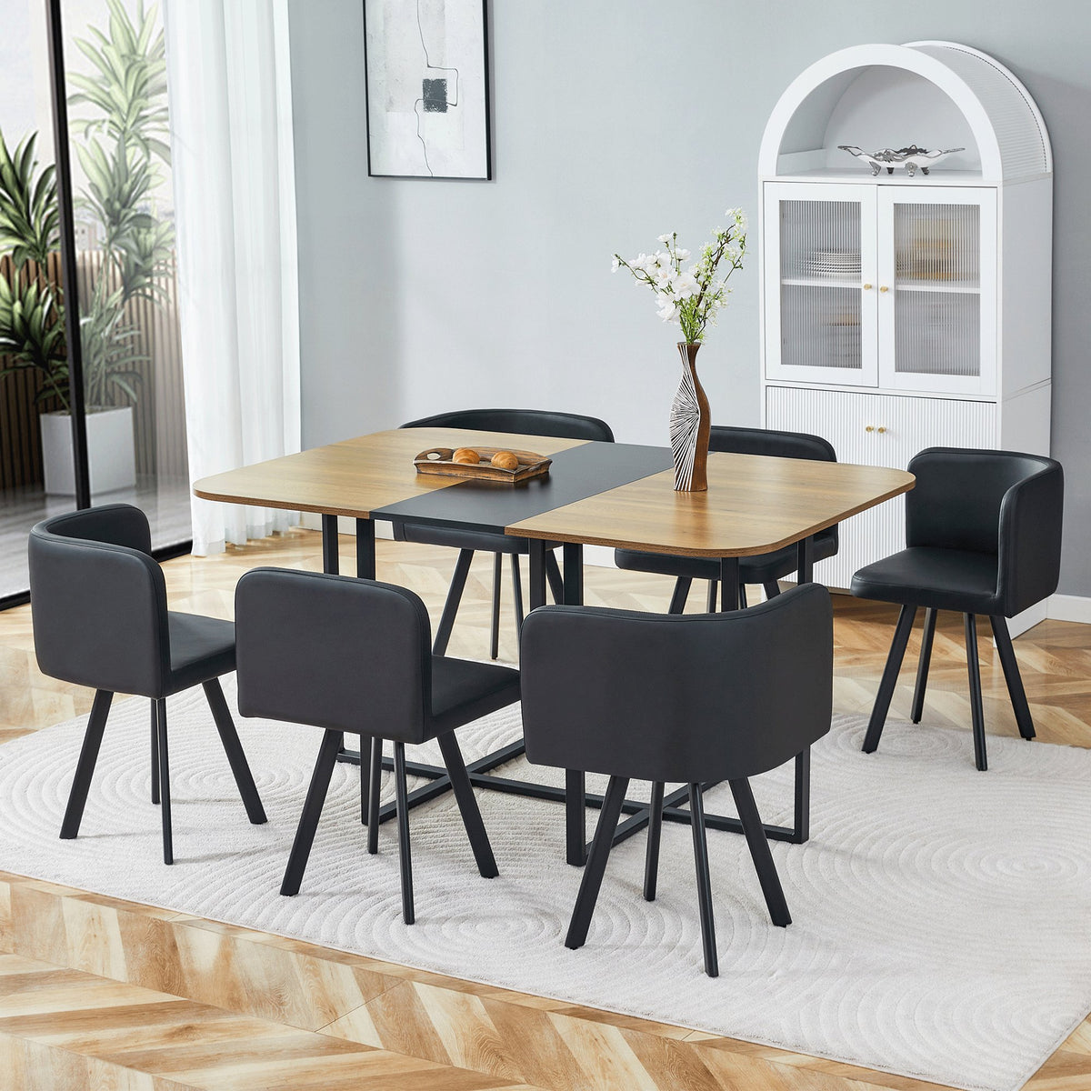 7-Piece Dining Table Set for 6, 1 Table & 6 Black PU Upholstered Chairs, Black & Wood Grain Melamine Table, Modern Kitchen Nook Set