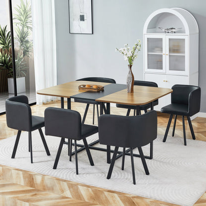 7-Piece Dining Table Set for 6, 1 Table & 6 Black PU Upholstered Chairs, Black & Wood Grain Melamine Table, Modern Kitchen Nook Set