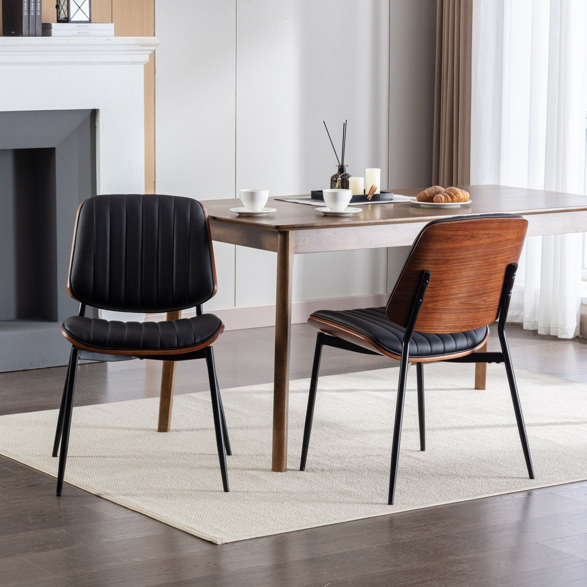 A&A Furniture, Dining Chairs Set of 2 Mid Century Modern Retro Faux Leather Chair with Walnut Bentwood Back Upholstered Seat Metal Legs – Black