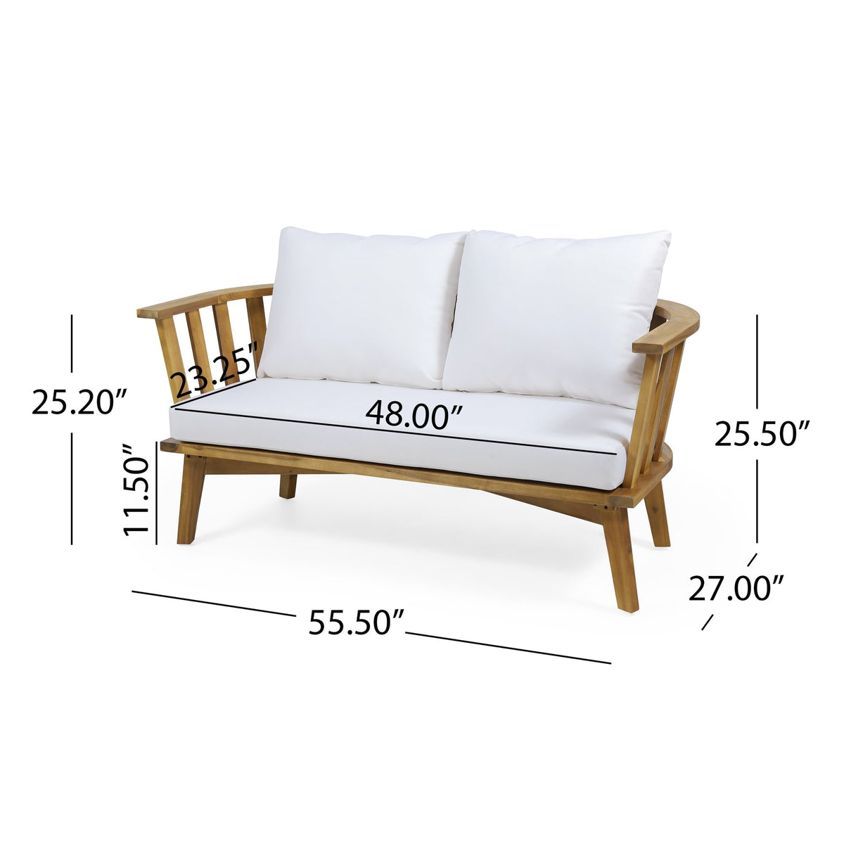2 - Person Outdoor Acacia Wood Patio Seating Group with Cushions and Coffee Table for Porch, Garden, Backyard, Balcony, Teak Finish, White