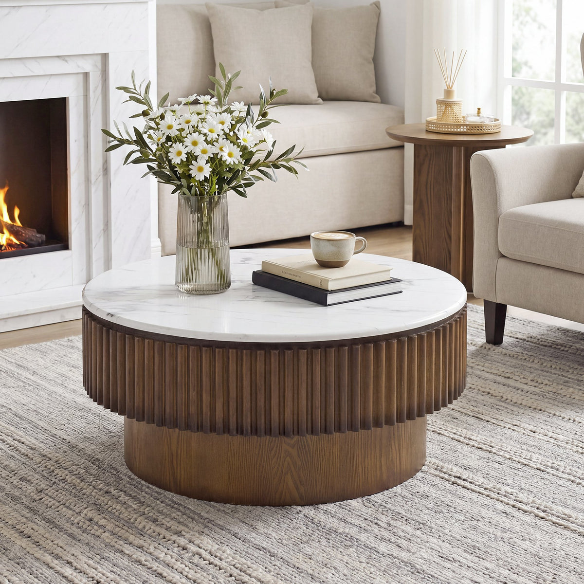 31.49'' Round Coffee Table with Storage, Modern Small Coffee Table with White Marble-Pattern Top & Solid Wood Fluted Base, Center Table for Living Room, Apartment, Office