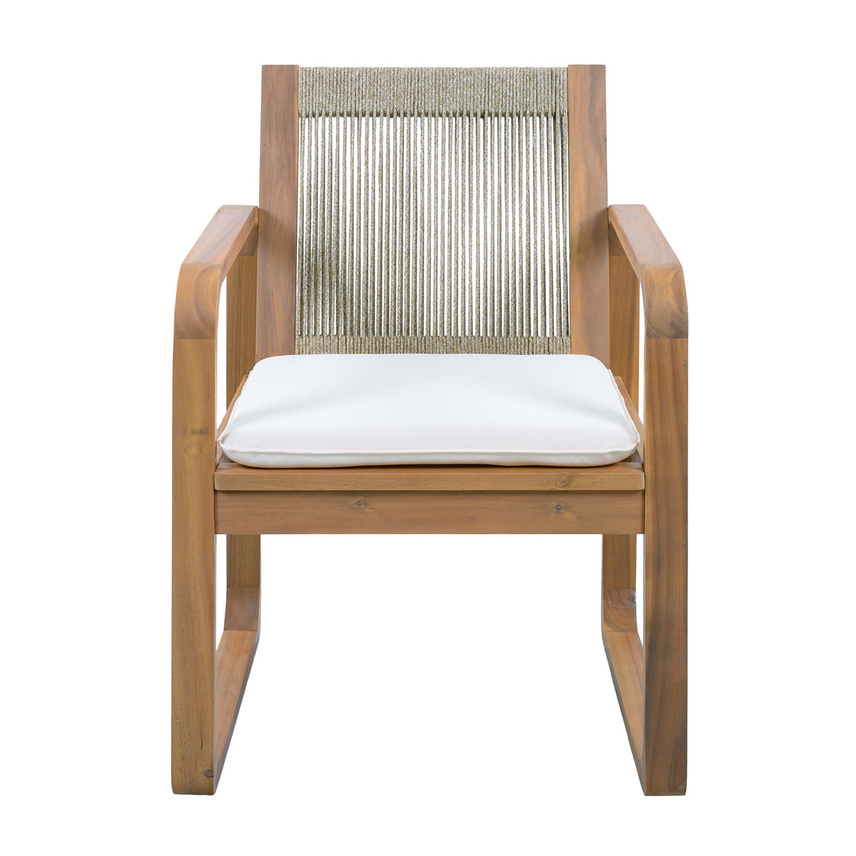 2-Piece Outdoor Dining Chairs Set: Acacia Wood with Multi Brown Rope Back & Beige Cushion, Water Repellent Fabric, 400 lbs Capacity, Light Teak Finish
