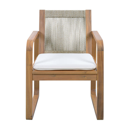 2-Piece Outdoor Dining Chairs Set: Acacia Wood with Multi Brown Rope Back & Beige Cushion, Water Repellent Fabric, 400 lbs Capacity, Light Teak Finish