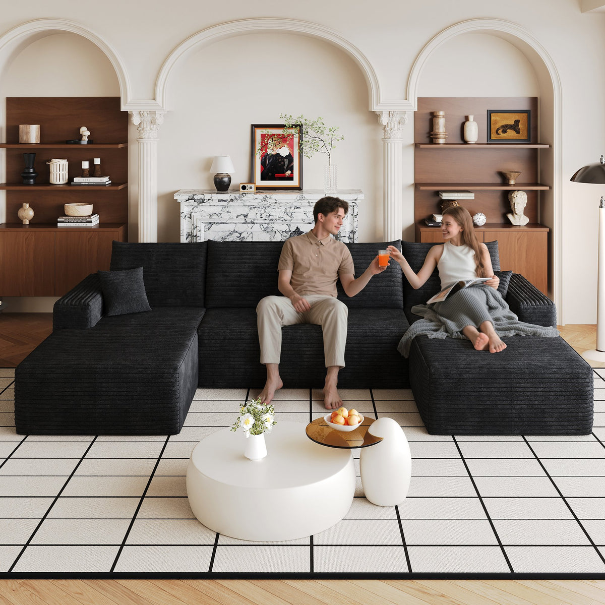 134"  Cloud Sectional Sofa ,Modern Minimalist Upholstered Couches, Comfort U Shaped Sofa for Living Room,Deep Seat,No Assembly Required (Plush Corduroy Fabric),Black