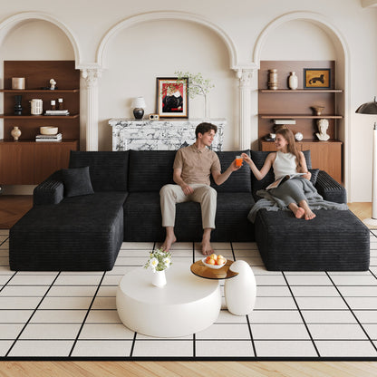 134"  Cloud Sectional Sofa ,Modern Minimalist Upholstered Couches, Comfort U Shaped Sofa for Living Room,Deep Seat,No Assembly Required (Plush Corduroy Fabric),Black