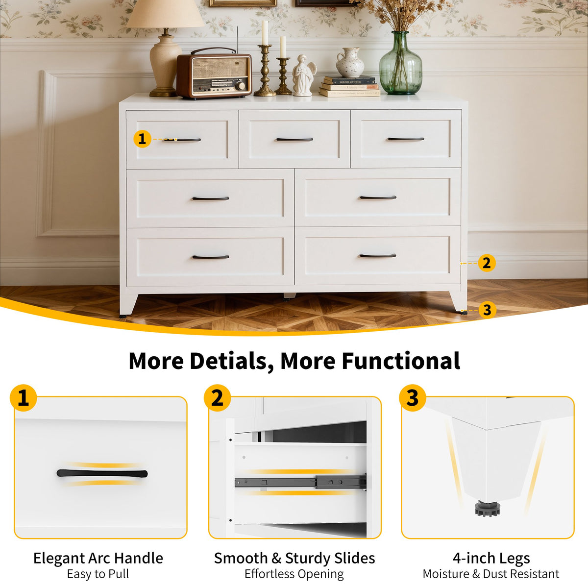7-Drawer Dresser, Wide Low-Profile Storage Cabinet, White Metal Chest of Drawers