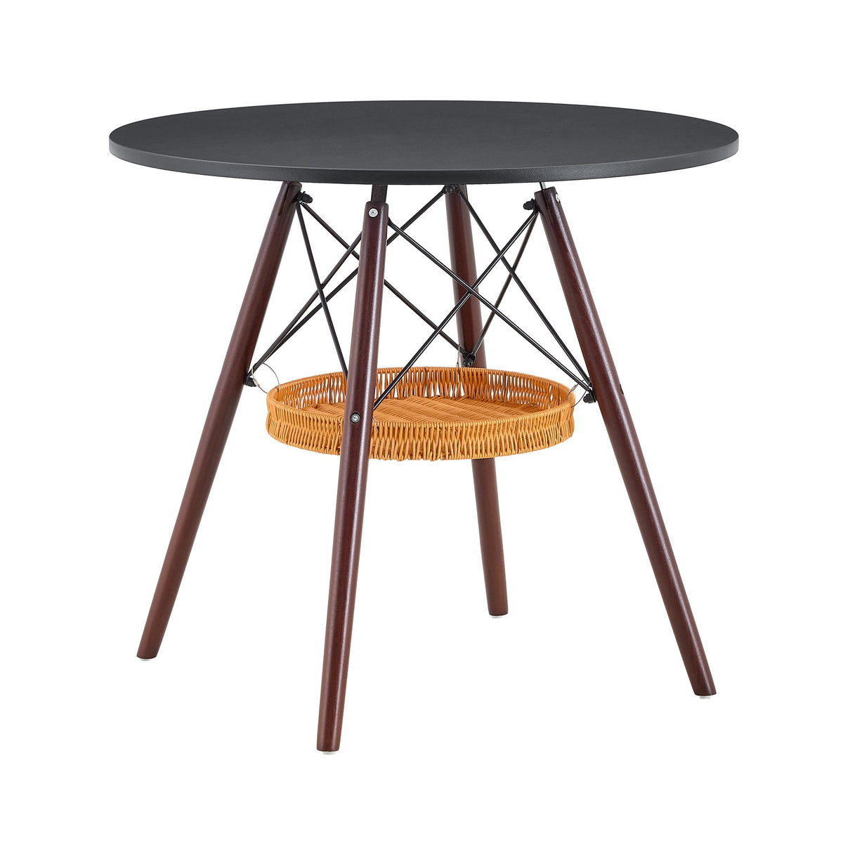 31.5-inch diameter circular dining table, black MDF vacuum formed tabletop, walnut solid wood legs