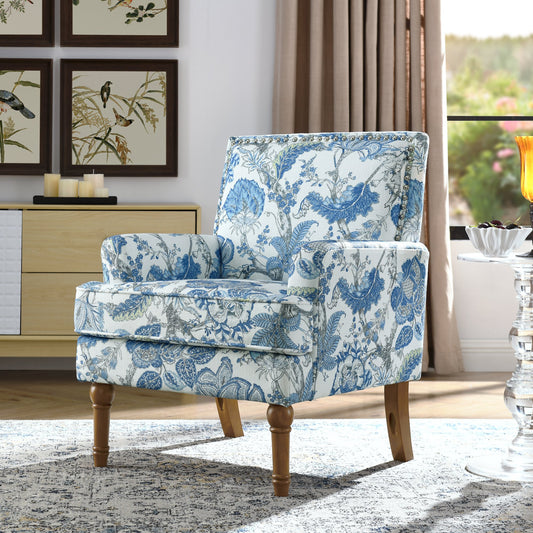Accent Chair, Floral Upholstery, Nailhead Trim, Solid Wood Legs, Farmhouse Style, Armchair, Blue and White, Living Room Seating, Traditional Furniture, French Country