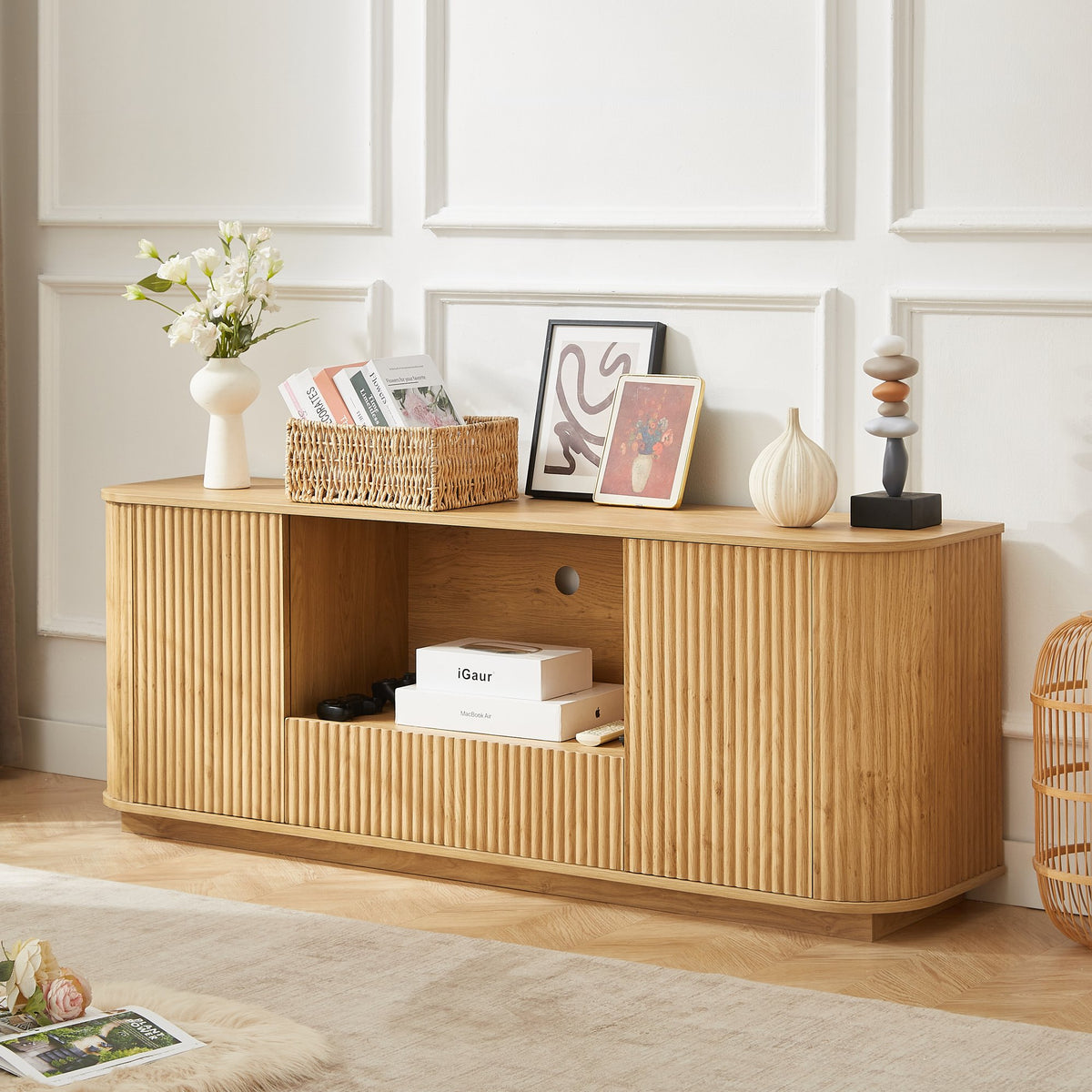 64-Inch Wavy TV Stand, Rounded Sideboard, Storage Cabinet, Wooden Vertical Stripe Cabinet for Living Room/Bedroom/Entryway. Natural,64''W x 15''D x 24''H.