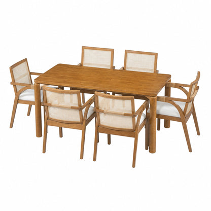 7‑Piece Dining Table Set for 6, 70" Rectangular Walnut Rubber Wood Dining Table, 6 Arm Chairs with Rattan‑Wrapped Arm Accent, Textilene Woven Backrest, Beige Fabric Upholstered Seat