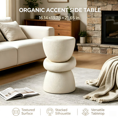 16.14''×13.78''×21.65'' Stacked Organic Sculptural Side Table, Cream Textured Round Fiberglass Accent End Table for Living Room Sofa Corner, No Assembly Required.