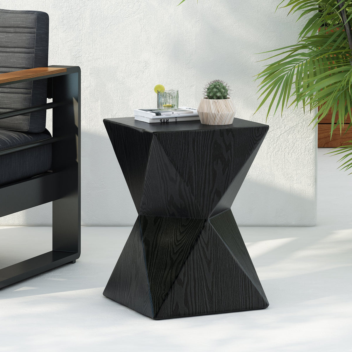 14.25" Black Prismatic Symmetry Concrete Side Table with Smooth Wood Grain Texture and Modern Prismatic Shape - Weather-Resistant Accent