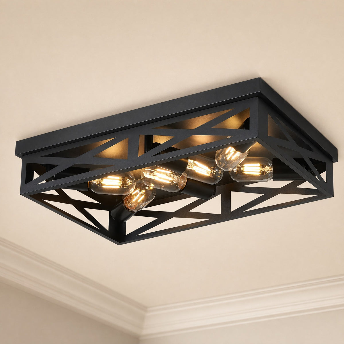 6-Light Matte Black Farmhouse Square Flush Mount Ceiling Light, Vintage Hollow Geometric Iron Cage Ceiling Lamp, Industrial Close to Ceiling Lighting for Dining Room, Bedroom-1 Pack(No light bulb)