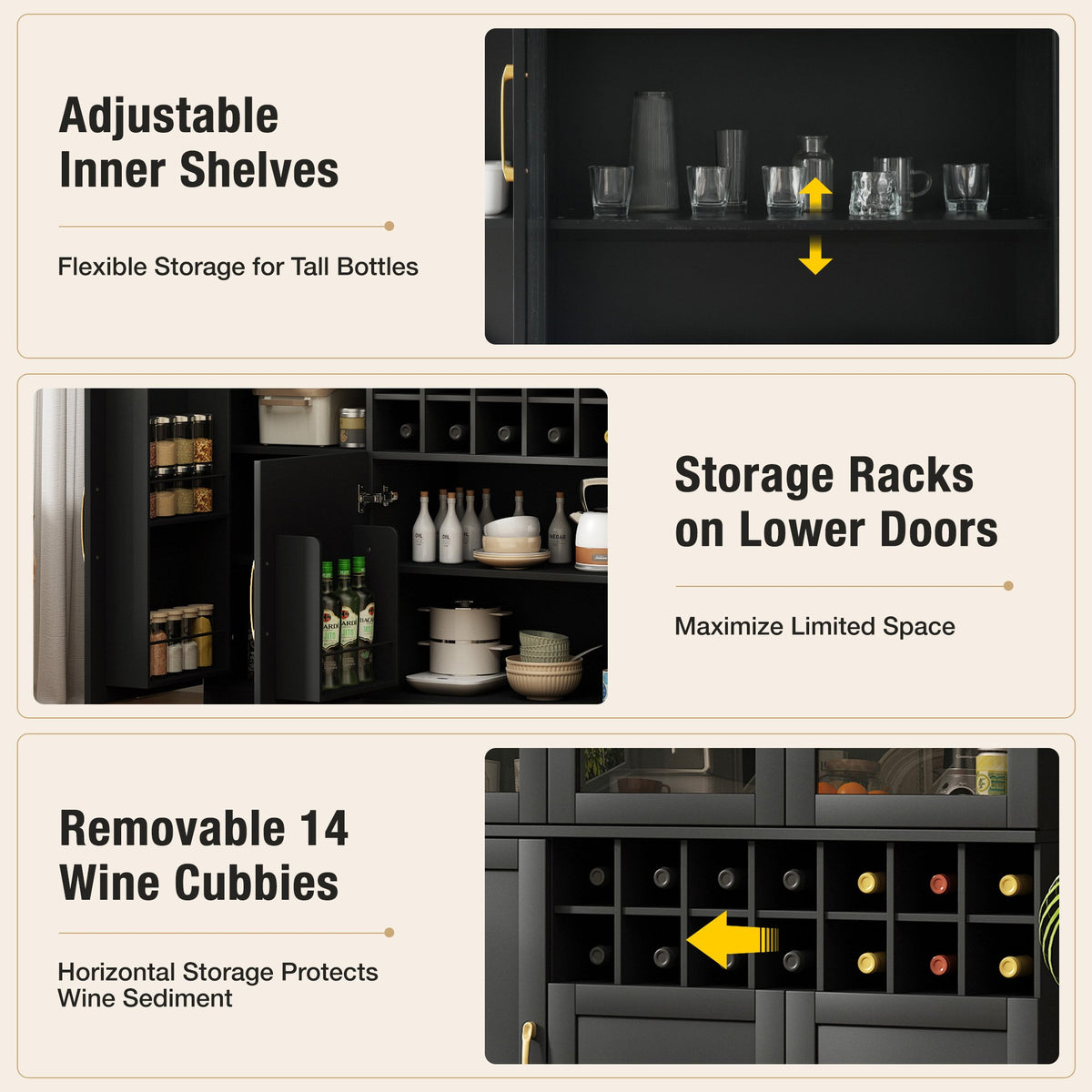 70.87'' Tall Wine Bar Cabinet with Glass Doors, Modern Liquor Cabinet with Removable 14-Bottle Wine Rack & Built-in Door Shelves, High-Capacity Home Bar Cabinet, Black70.87